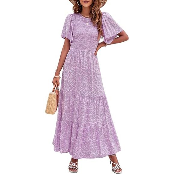 Zesica Dresses & Skirts - Floral Flutter Sleeve Smocked High Waist Flowy Maxi Dress, L, 5B-144D004